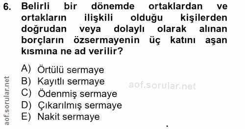 6. soru: Belirli bir dönemde ortaklardan ve ortakların ilişkili olduğu kişilerden doğrudan veya dolaylı olarak alınan borçları…