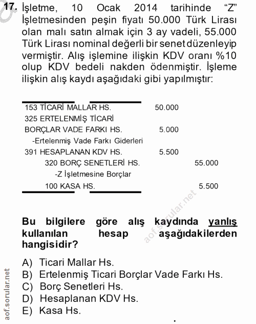 17. soru: İşletme, 10 Ocak 2014 tarihinde "Z" Işletmesinden peşin fiyatı 50.000 Türk Lirası olan malı satın almak için 3 ay vad…