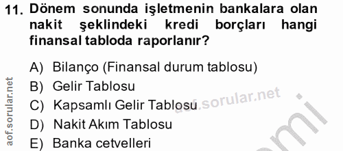 11. soru: Dönem sonunda işletmenin bankalara olan nakit şeklindeki kredi borçları hangi finansal tabloda raporlanır? A) Bilanço…