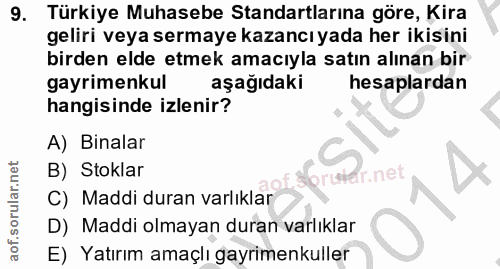 9. soru: Türkiye Muhasebe Standartlarına göre, Kira geliri veya sermaye kazancı yada her ikisini birden elde etmek amacıyla sa…