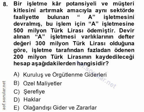8. soru: Bir işletme kår potansiyeli ve müşteri kitlesini artırmak amacıyla aynı sektörde faaliyette bulunan 6 A" işletmesini…
