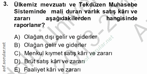 3. soru: Ülkemiz mevzuatı ve Tekdüzen Muhasebe Sisteminde mali duran varlık satış kârı ve zararı aşağıdakilerden hangisinde ra…