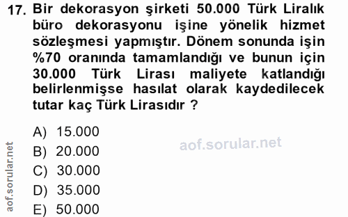 17. soru: Bir dekorasyon şirketi 50.000 Türk Liralık büro dekorasyonu işine yönelik hizmet sözleşmesi yapmıştır. Dönem sonunda…
