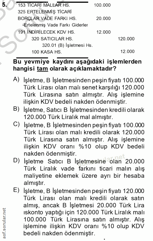 5. soru: 153 TICARI MALLAR HS 100.000 325 ERTELENMİŞ TICARİ BORCLAR VADE FARKI HS 20.000 -Ertelenmiş Vade Farkı Giderler 191 İ…