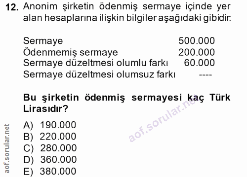 12. soru: Anonim şirketin ödenmiş sermaye içinde yer alan hesaplarına ilişkin bilgiler aşağıdaki gibidir. Sermaye 500.000 Ödenm…