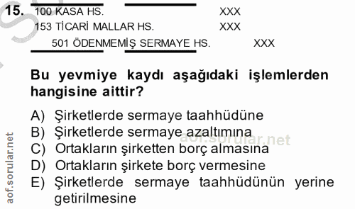 15. soru: 100 KASA HS. XXX 153 TİCARİ MALLAR HS. XXX 501 ÖDENMEMIŞ SERMAYE HS. XXX Bu yevmiye kaydı aşağıdaki işlemlerden hangi…