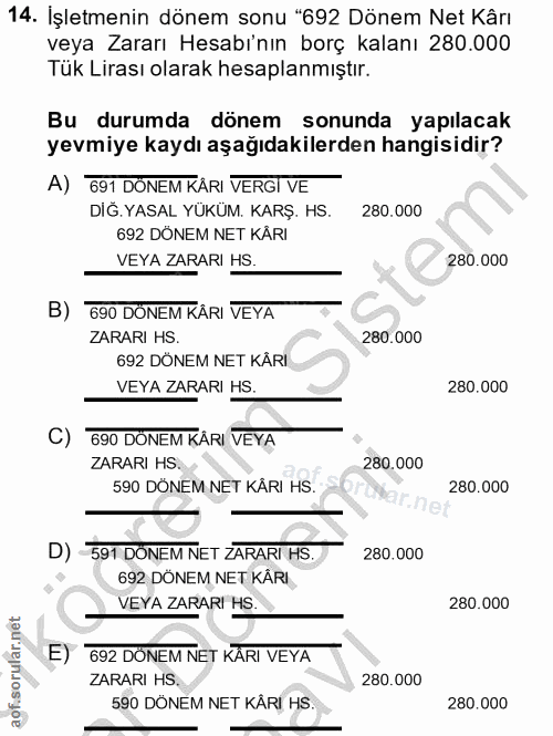 14. soru: İşletmenin dönem sonu "692 Dönem Net Kârı veya Zararı Hesabı'nın borç kalanı 280.000 Tük Lirası olarak hesaplanmıştır…