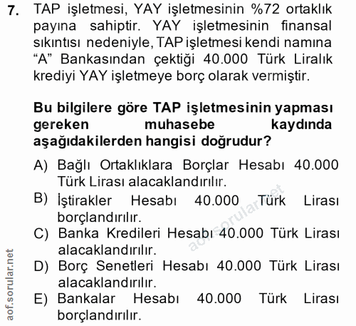 7. soru: TAP işletmesi, YAY işletmesinin %72 ortaklık payına sahiptir. YAY işletmesinin finansal Sıkıntısı nedeniyle, TAP işle…