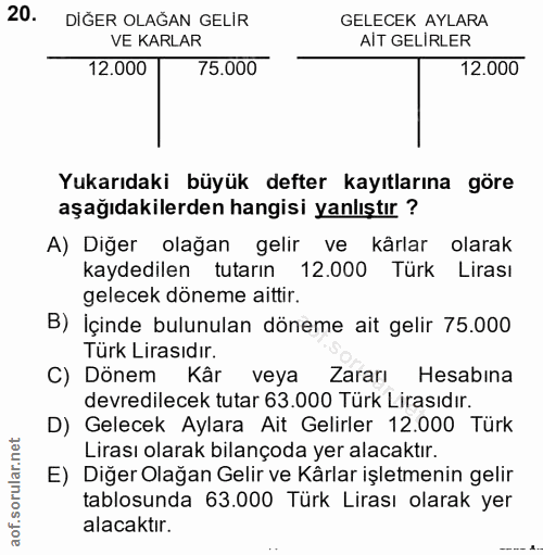 20. soru: DİĞER OLAĞAN GELİR GELECEK AYLARA VE KARLAR AIT GELIRLER 12.000 75.000 12.000 Yukarıdaki büyük defter kayıtlarına gör…