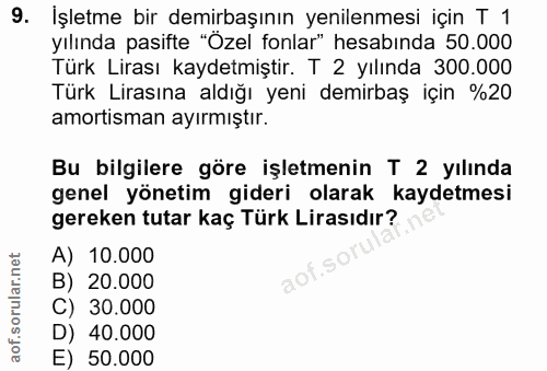 9. soru: İşletme bir demirbaşının yenilenmesi için T 1 yılında pasifte "Özel fonlar" hesabinda 50.000 Türk Lirası kaydetmiştir…