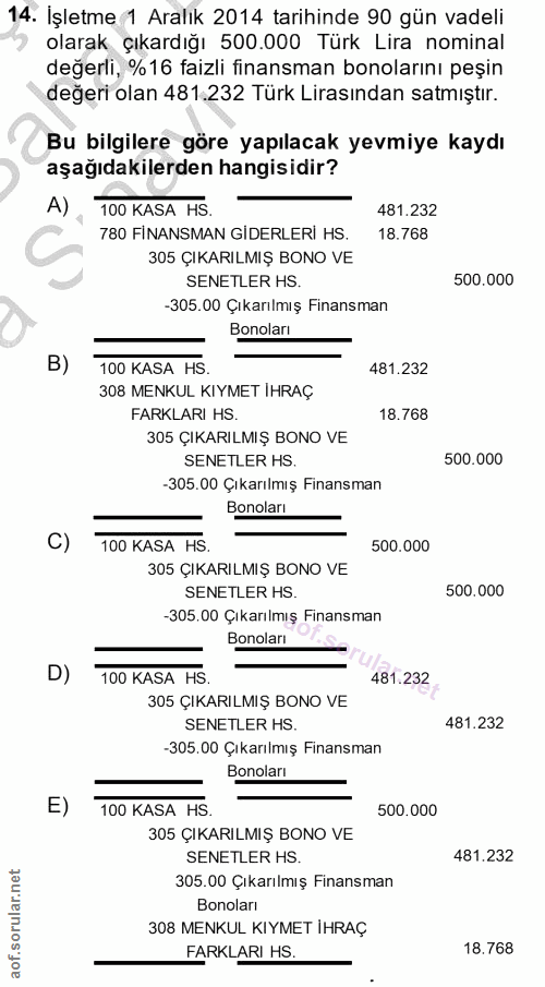14. soru: İşletme 1 Aralık 2014 tarihinde 90 gün vadeli olarak çıkardığı 500.000 Türk Lira nominal değerli, %16 faizli finansma…