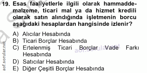 19. soru: Esas faaliyetlerle ilgili olarak hammadde- malzeme, ticari mal ya da hizmet kredili olarak satın alındığında işletmen…