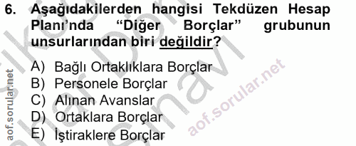 6. soru: Aşağıdakilerden hangisi Tekdüzen Hesap Plani'nda "Diğer" Borçlar" grubunun unsurlarından biri değildir? A) Bağlı Orta…