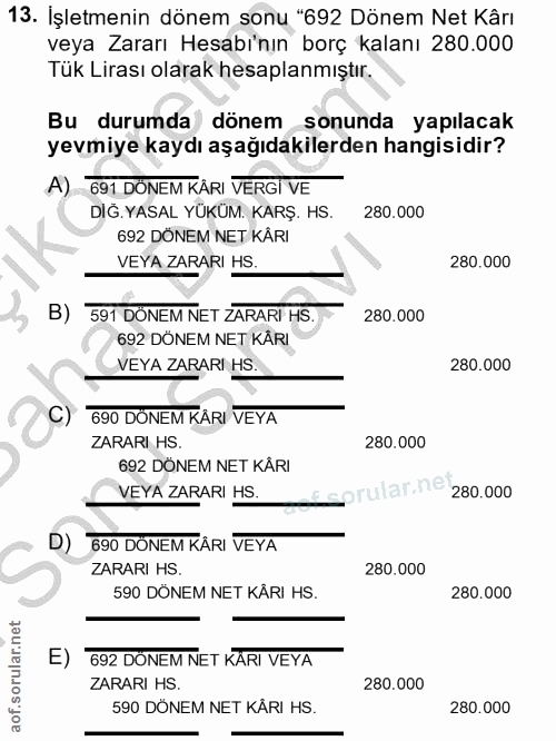 13. soru: İşletmenin dönem sonu "692 Dönem Net Kârı veya Zararı Hesabı'nın borç kalanı 280.000 Tük Lirası olarak hesaplanmıştır…