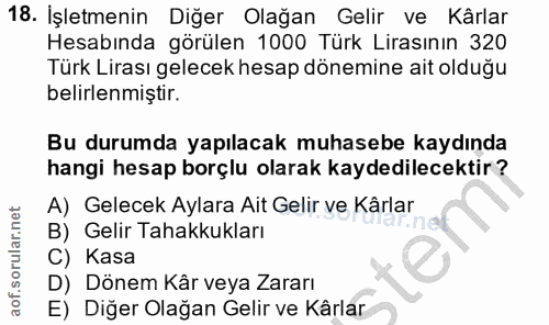 18. soru: İşletmenin Diğer Olağan Gelir ve Kârlar Hesabında görülen 1000 Türk Lirasının 320 Türk Lirası gelecek hesap dönemine…