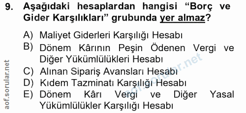 9. soru: Aşağıdaki hesaplardan hangisi "Borç ve Gider Karşılıkları" grubunda yer almaz? A) Maliyet Giderleri Karşılığı Hesabı…