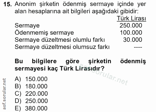 15. soru: Anonim şirketin ödenmiş sermaye içinde yer alan hesaplarına ait bilgileri aşağıdaki gibidir: Türk Lirası Sermaye 250.…
