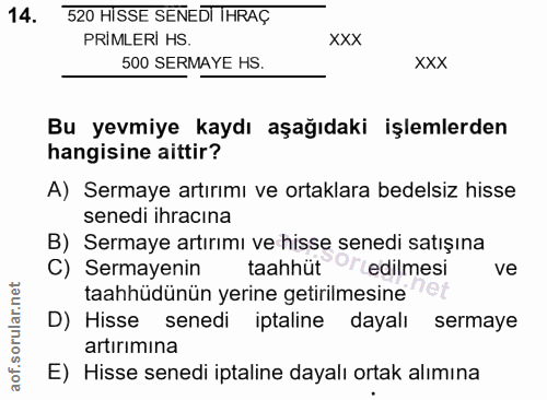 14. soru: 520 HISSE SENEDI IHRAÇ PRIMLERİ HS. XXX 500 SERMAYE HS. XXX Bu yevmiye kaydı aşağıdaki işlemlerden hangisine aittir?…