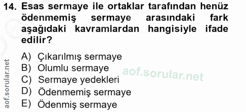 14. soru: Esas sermaye ile ortaklar tarafından henüz ödenmemiş sermaye arasındaki fark aşağıdaki kavramlardan hangisiyle ifade…