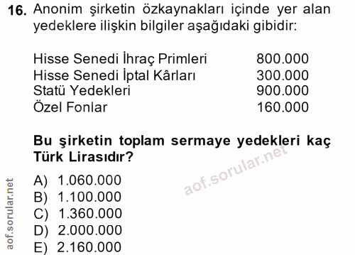 16. soru: Anonim şirketin özkaynakları içinde yer alan yedeklere ilişkin bilgiler aşağıdaki gibidir: Hisse Senedi Ihraç Primler…