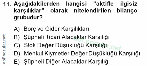 11. soru: Aşağıdakilerden hangisi "aktifle ilgisiz karşılıklar" olarak nitelendirilen bilanço grubudur? A) Borç ve Gider Karşıl…