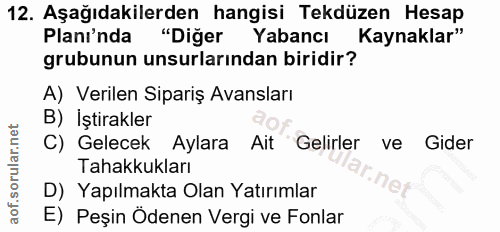 12. soru: Aşağıdakilerden hangisi Tekdüzen Hesap Planı'nda "Diğer Yabancı Kaynaklar" grubunun unsurlarından biridir? A) Verilen…