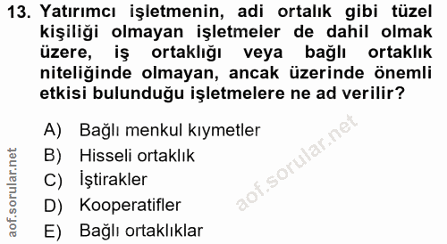 13. soru: Yatırımcı işletmenin, adi ortalık gibi tüzel kişiliği olmayan işletmeler de dahil olmak üzere, iş ortaklığı veya bağl…