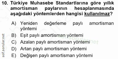 10. soru: Türkiye Muhasebe Standartlarına göre yıllık amortisman paylarının hesaplanmasında aşağıdaki yöntemlerden hangisi kull…