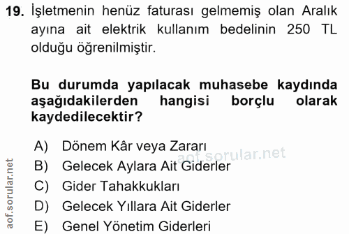19. soru: İşletmenin henüz faturası gelmemiş olan Aralık ayına ait elektrik kullanım bedelinin 250 TL olduğu öğrenilmiştir. Bu…