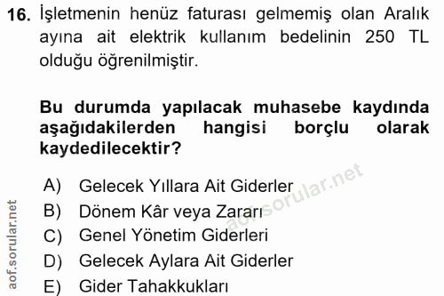 16. soru: İşletmenin henüz faturası gelmemiş olan Aralık ayına ait elektrik kullanım bedelinin 250 TL olduğu öğrenilmiştir. Bu…