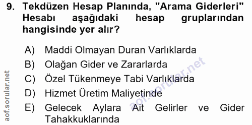 9. soru: Tekdüzen Hesap Planında, "Arama Giderleri" Hesabı aşağıdakı hesap gruplarından hangisinde yer alır? A) Maddi Olmayan…
