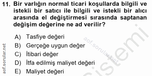 11. soru: Bir varlığın normal ticari koşullarda bilgili ve istekli bir satıcı ile bilgili ve istekli bir alıcı arasında el deği…