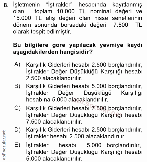 8. soru: İşletmenin "İştirakler" hesabında kayıtlanmış olan, toplam 10.000 TL nominal değeri ve 15.000 TL alış değeri olan his…