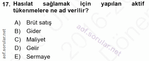 17. soru: Hasılat sağlamak için yapılan aktif tükenmelere ne ad verilir? A) Brüt satış B) Gider C) Maliyet D) Gelir E) Sermaye