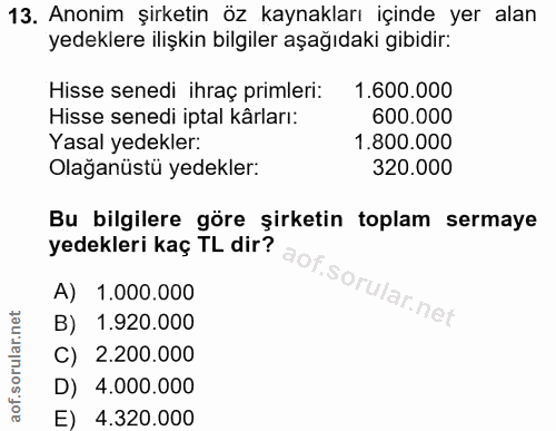 13. soru: Anonim şirketin öz kaynakları içinde yer alan yedeklere ilişkin bilgiler aşağıdaki gibidir: Hisse senedi ihraç primle…