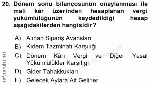 20. soru: Dönem sonu bilançosunun onaylanması ile mali kâr üzerinden hesaplanan vergi yükümlülüğünün kaydedildiği hesap aşağıda…