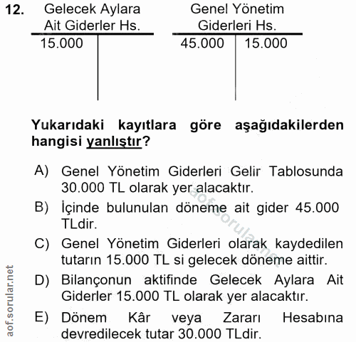 12. soru: Gelecek Aylara Genel Yönetim Ait Giderler Hs. Giderleri Hs. 15.000 45.000 15.000 Yukarıdaki kayıtlara göre aşağıdakil…