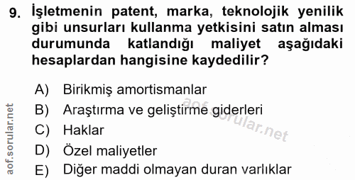 9. soru: İşletmenin patent, marka, teknolojik yenilik gibi unsurları kullanma yetkisini satın alması durumunda katlandığı mali…
