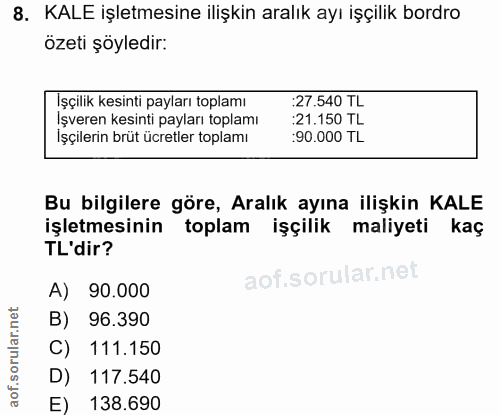 8. soru: KALE işletmesine ilişkin aralık ayı işçilik bordro özeti şöyledir: İşçilik kesinti payları toplamı :27.540 TL Işveren…
