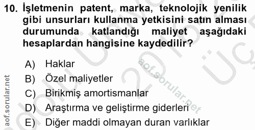 10. soru: İşletmenin patent, marka, teknolojik yenilik gibi unsurları kullanma yetkisini satın alması durumunda katlandığı mali…