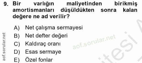 9. soru: Bir varlığın maliyetinden birikmiş amortismanları düşüldükten sonra kalan değere ne ad verilir? A) Net çalışma sermay…