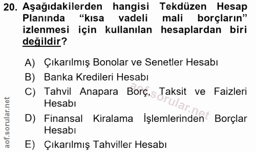 20. soru: Aşağıdakilerden hangisi Tekdüzen Hesap Planında "kısa vadeli mali borçların" izlenmesi için kullanılan hesaplardan bi…
