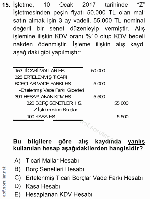 15. soru: İşletme, 10 Ocak 2017 tarihinde "Z" İşletmesinden peşin fiyatı 50.000 TL olan malı satın almak için 3 ay vadeli, 55.0…
