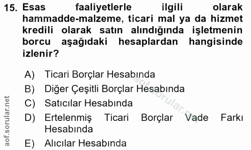 15. soru: Esas faaliyetlerle ilgili olarak hammadde-malzeme, ticari mal ya da hizmet kredili olarak satın alındığında işletmeni…