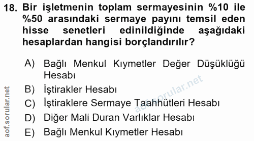 18. soru: Bir işletmenin toplam sermayesinin %10 ile %50 arasındaki sermaye payını temsil eden hisse senetleri edinildiğinde aş…