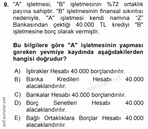 9. soru: "A" işletmesi, "B" işletmesinin %72 ortaklık payına sahiptir. "B" işletmesinin finansal sıkıntısı nedeniyle, "A" işle…