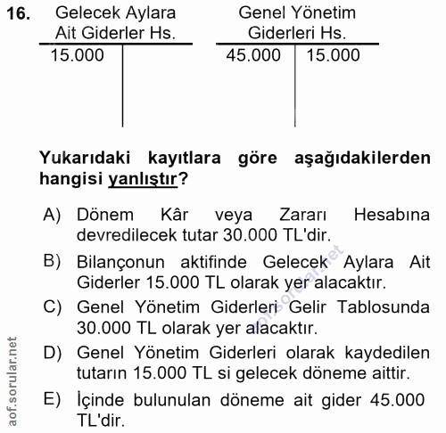 16. soru: Gelecek Aylara Genel Yönetim Ait Giderler Hs. Giderleri Hs. 15.000 45.000 15.000 Yukarıdaki kayıtlara göre aşağıdakil…