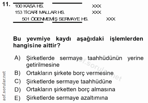 11. soru: 100 KASA HS xxx 153 TİCARİ MALLAR HS. xxX 501 ÖDENMEMŞ SERMAYE HS. XXX Bu yevmiye kaydı aşağıdaki işlemlerden hangisi…