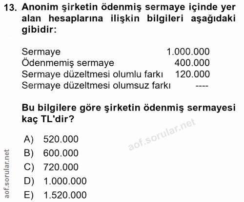 13. soru: Anonim şirketin ödenmiş sermaye içinde yer alan hesaplarına ilişkin bilgileri aşağıdaki gibidir: Sermaye 1.000.000 Öd…