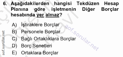 6. soru: Aşağıdakilerden hangisi Tekdüzen Hesap Planına göre işletmenin Diger Borçlar hesabında yer almaz? A) Iştiraklere Borç…